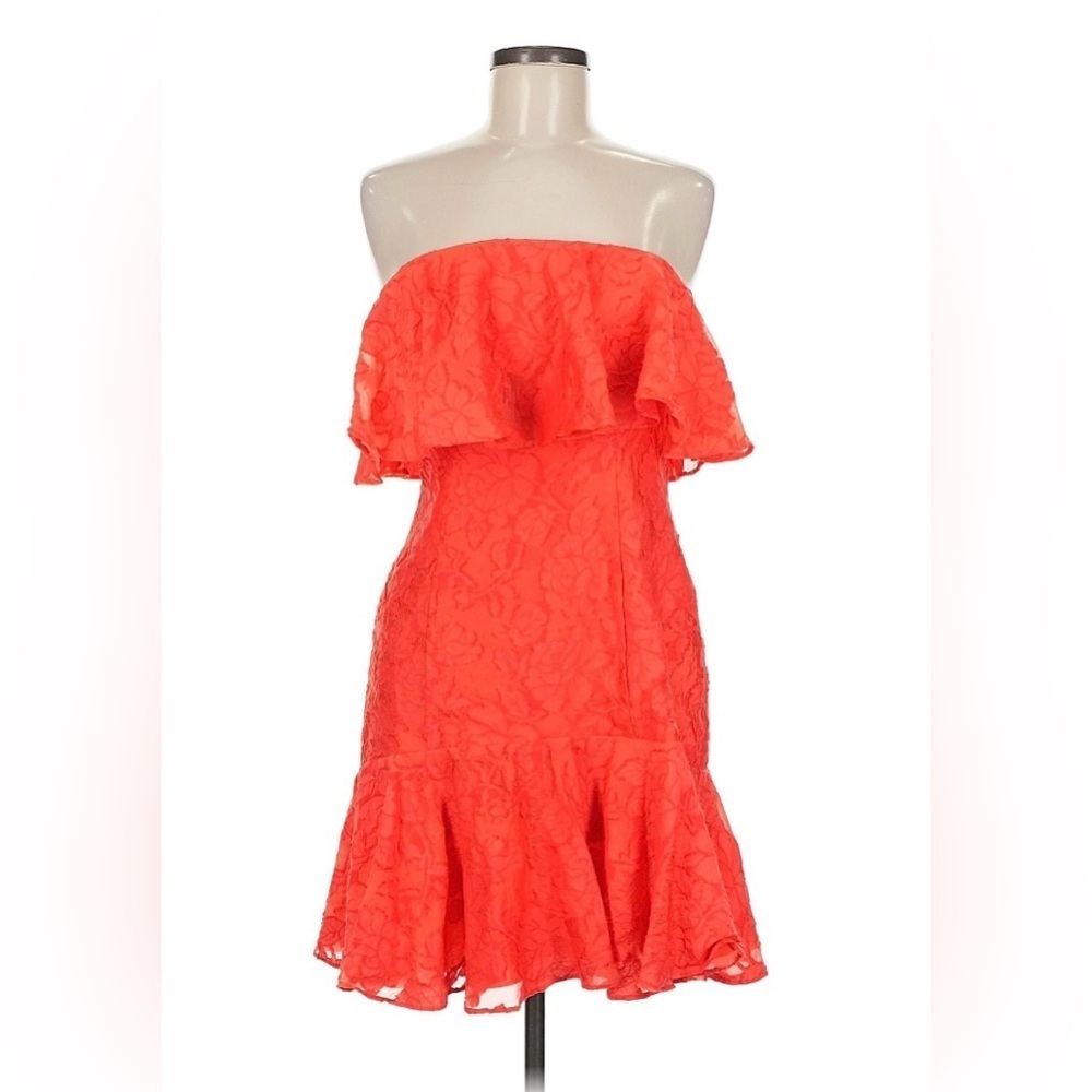 Keepsake The Label Off-Shoulder Ruffle Lace Mini Cocktail Dress Coral Orange M
